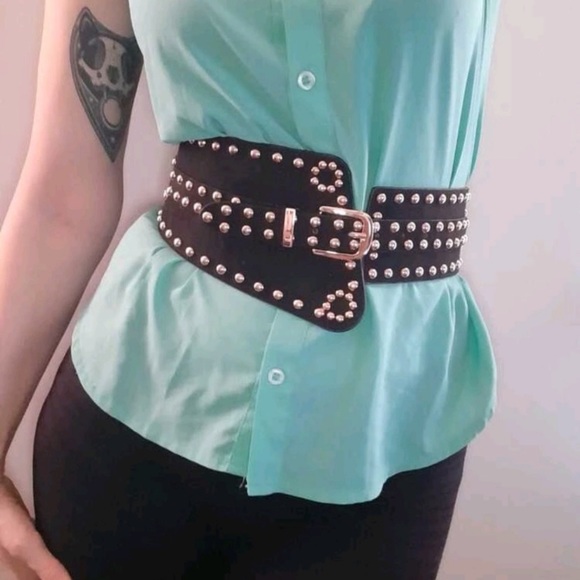 Black vegan faux suede corset gold studs punk wide boho waist belt - Picture 11 of 14